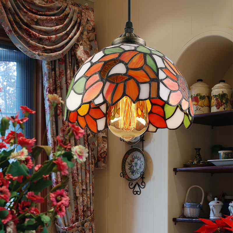 Tiffany-Style Hemisphere Pendant Lamp 1 Bulb Red/Orange/Orange-Green Stained Art Glass Ceiling Hanging Light