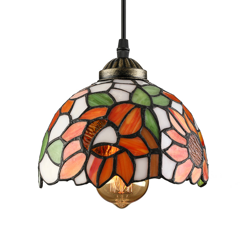 Tiffany-Style Hemisphere Pendant Lamp 1 Bulb Red/Orange/Orange-Green Stained Art Glass Ceiling Hanging Light