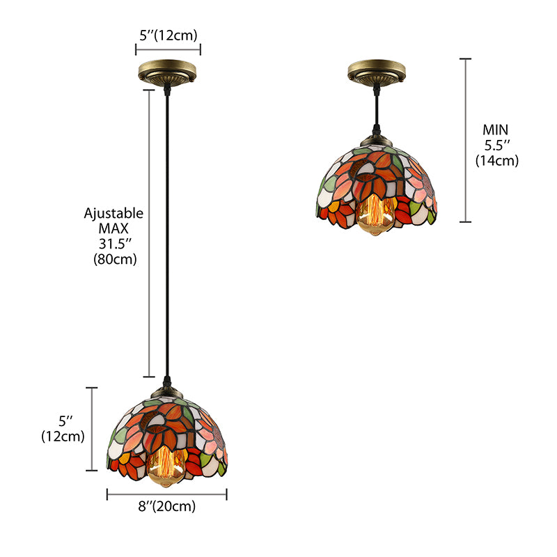Tiffany-Style Hemisphere Pendant Lamp 1 Bulb Red/Orange/Orange-Green Stained Art Glass Ceiling Hanging Light