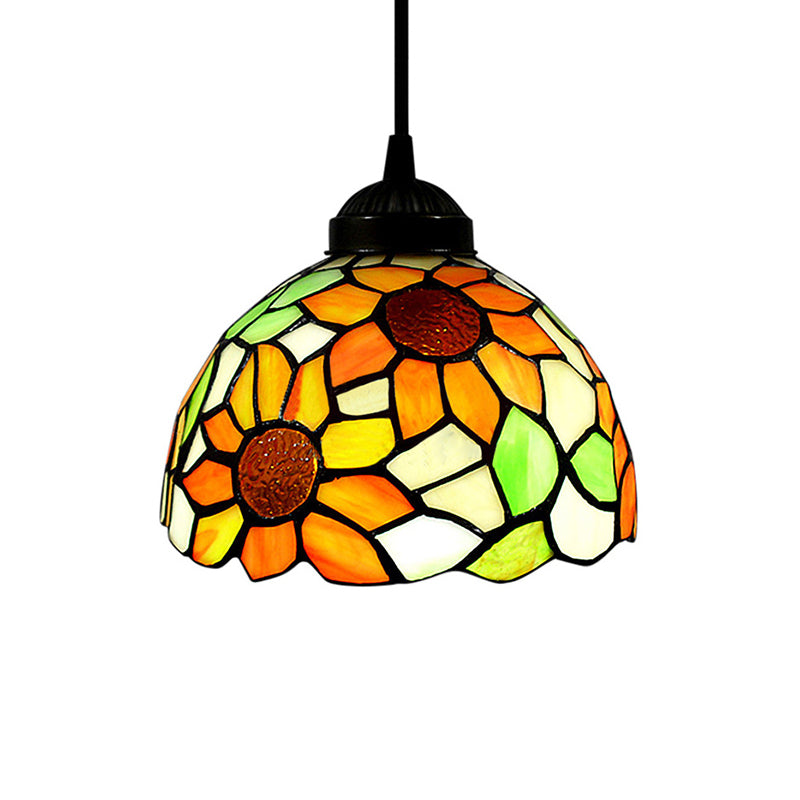 Tiffany-Style Hemisphere Pendant Lamp 1 Bulb Red/Orange/Orange-Green Stained Art Glass Ceiling Hanging Light