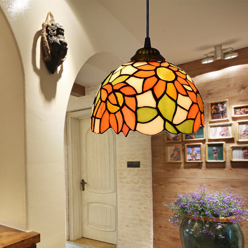 Tiffany-Style Hemisphere Pendant Lamp 1 Bulb Red/Orange/Orange-Green Stained Art Glass Ceiling Hanging Light