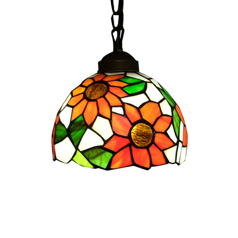 Tiffany-Style Hemisphere Pendant Lamp 1 Bulb Red/Orange/Orange-Green Stained Art Glass Ceiling Hanging Light