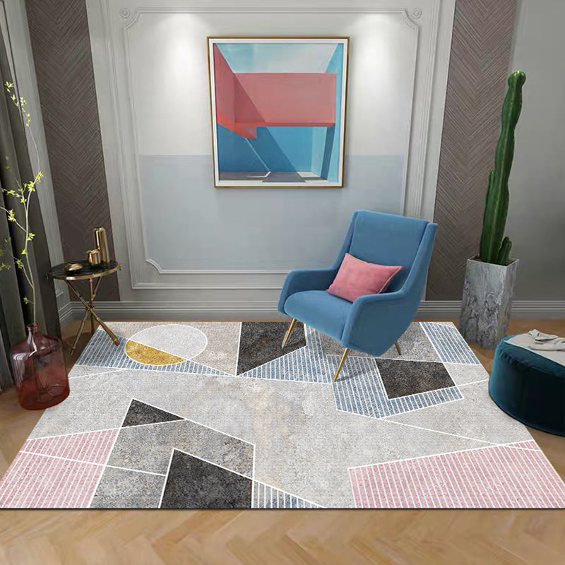 Unique Geometric Pattern Rug with Stripe Grey Modern Rug Polyester Washable Pet Friendly Anti-Slip Carpet for Living Room