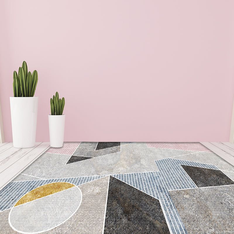 Unique Geometric Pattern Rug with Stripe Grey Modern Rug Polyester Washable Pet Friendly Anti-Slip Carpet for Living Room