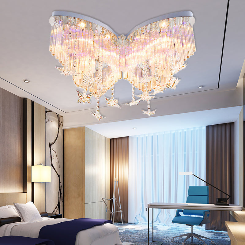 Plafonnier papillon scintillant, plafonnier romantique en cristal clair pour la maternelle