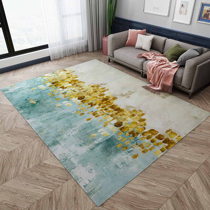 Stylish Oil Painting Rug with Tree Pattern Blue and Gold Casual Rug Flannel Pet Friendly Washable Area Rug for Living Room