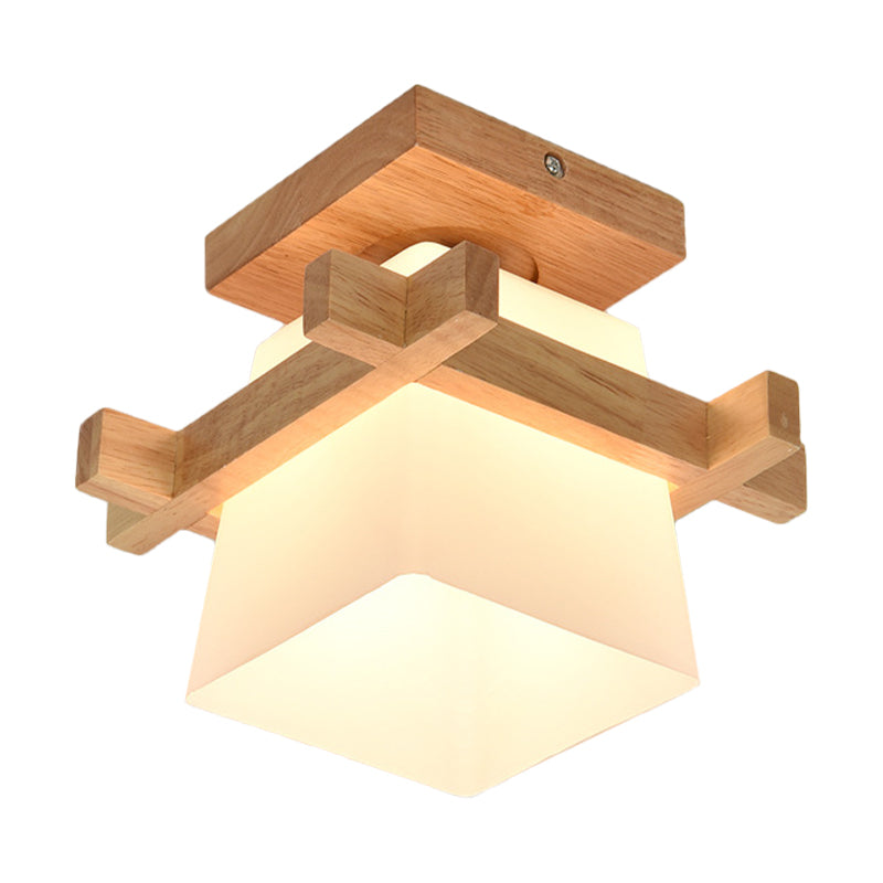 Lámpara colgante trapezoidal de vidrio opalino con decoración de madera, lámpara de techo de estilo japonés de 1 cabezal en blanco para dormitorio