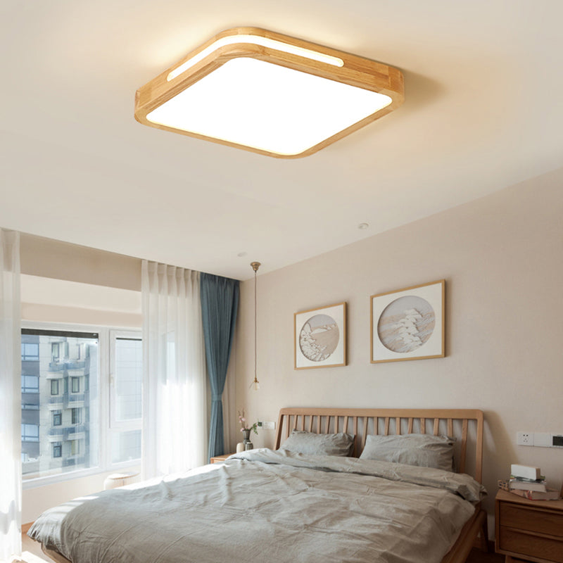 Wood and Acrylic Square Flush Ceiling Lamp Hotel Japanese Style LED 16"/19.5" Wide Ceiling Light in Beige