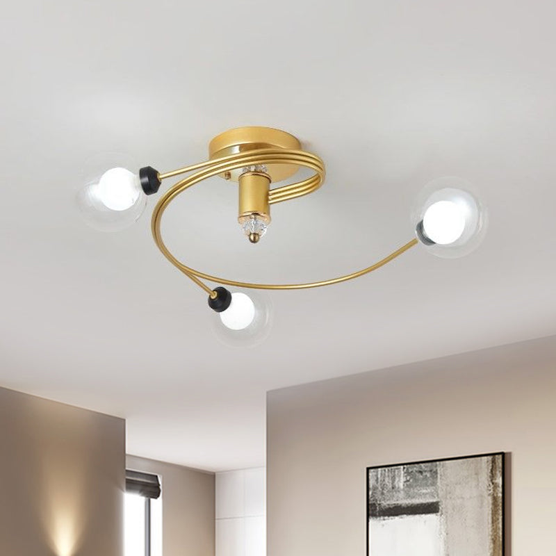 Gold Spiral Semi Flush Lighting Nordic 3/5 Lichter Deckeneinbau mit Orb Klar/Milch/Weiß Glasschirm