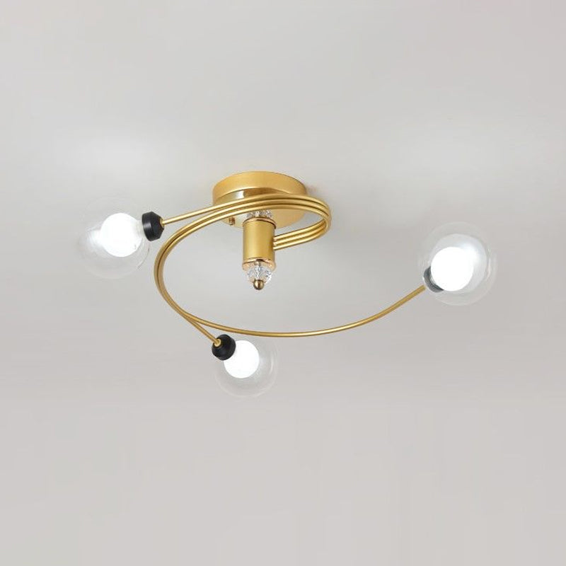 Gold Spiral Semi Flush Lighting Nordic 3/5 Lichter Deckeneinbau mit Orb Klar/Milch/Weiß Glasschirm