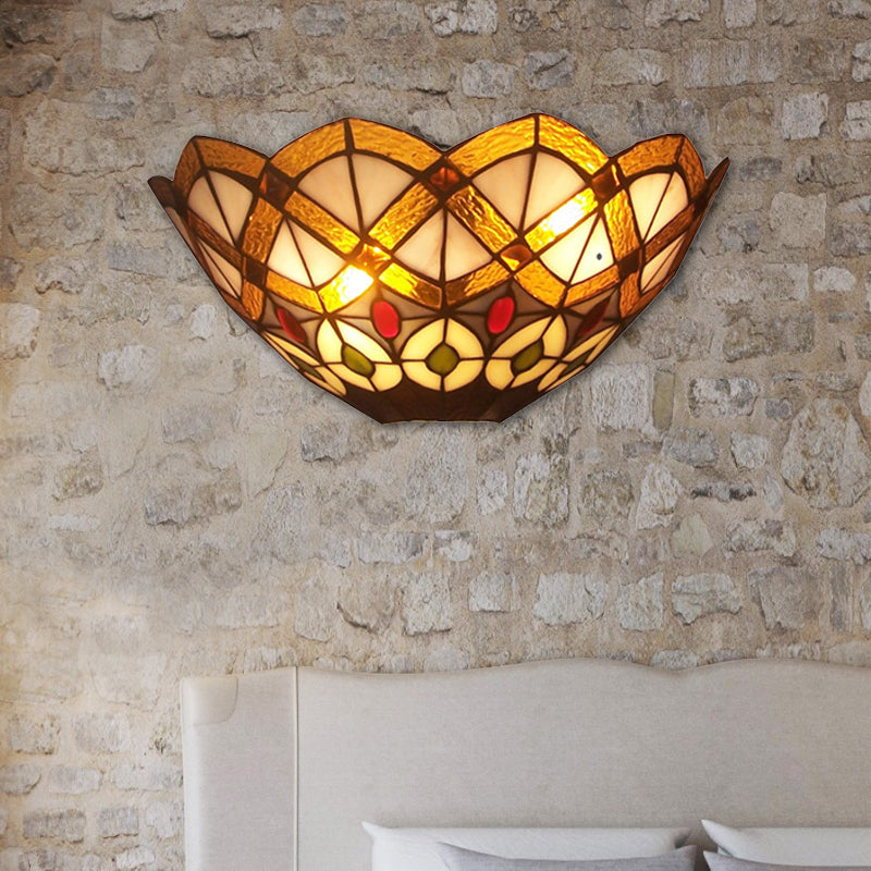 Stained Glass Bowl Wall Sconce with Peacock Design 2 Lights Victorian Wall Light