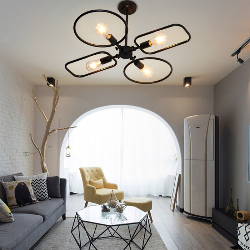 Simple Ring and Rectangle Ceiling Lamp Metal 4 Lights Black Ceiling Mount Light for Living Room