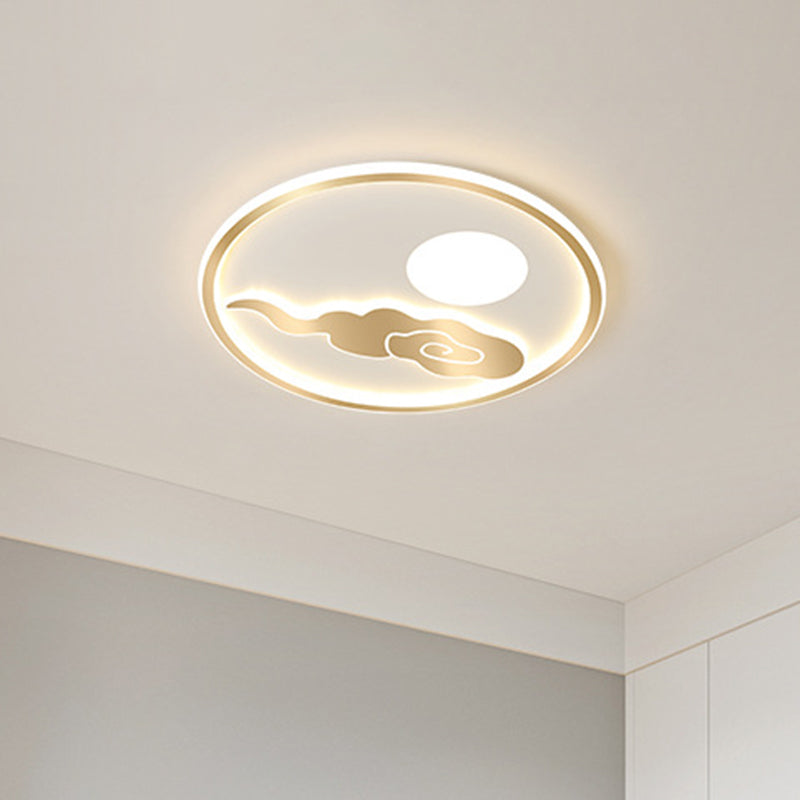 Simple Circle Flush Mount Acrylic LED Bedroom Ceiling Lighting with Moon and Cloud Design in Gold, Warm/White Light