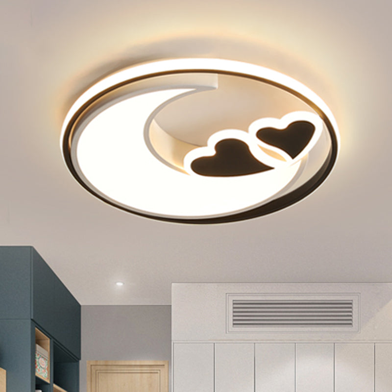 LED Playroom Ceiling Fixture Nordic Black/Pink Flush Lamp with Crescent and Heart Acrylic Shade