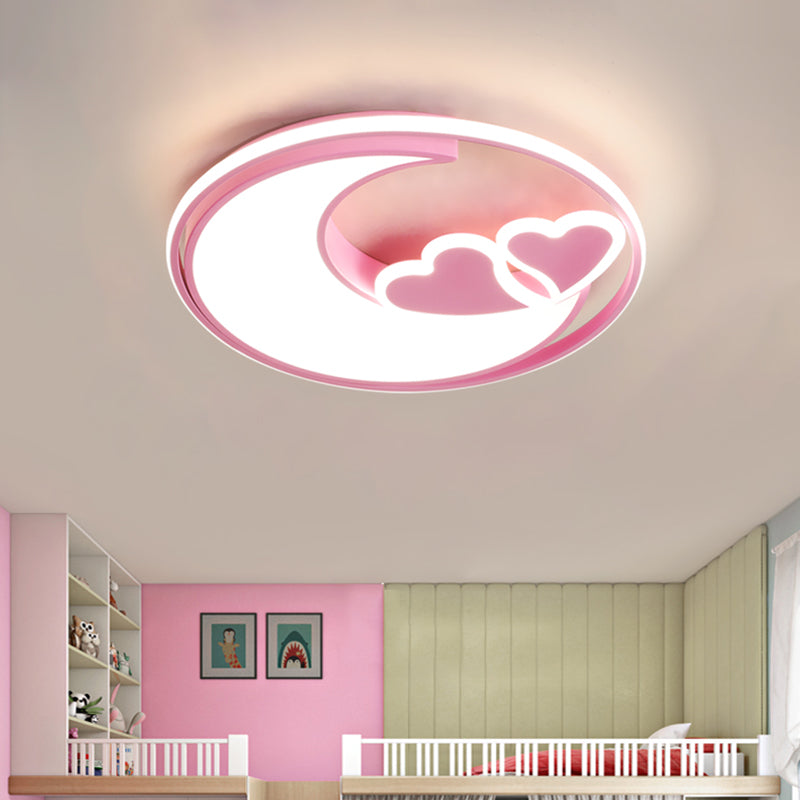 LED Playroom Ceiling Fixture Nordic Black/Pink Flush Lamp with Crescent and Heart Acrylic Shade