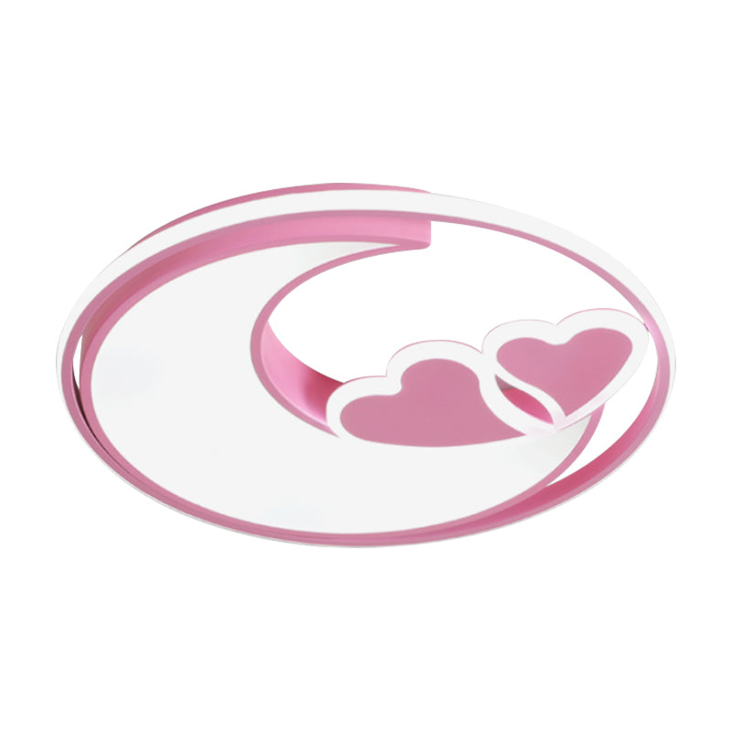 LED Playroom Ceiling Fixture Nordic Black/Pink Flush Lamp with Crescent and Heart Acrylic Shade