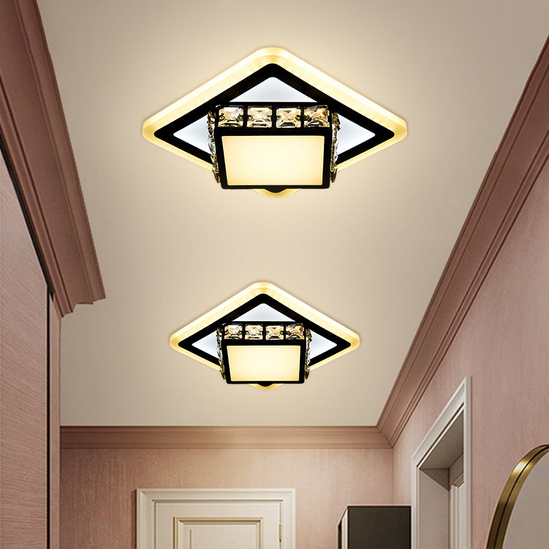 Round/Square Crystal Block Flush Mount Simplicity LED Black Close to Ceiling Lighting for Doorway