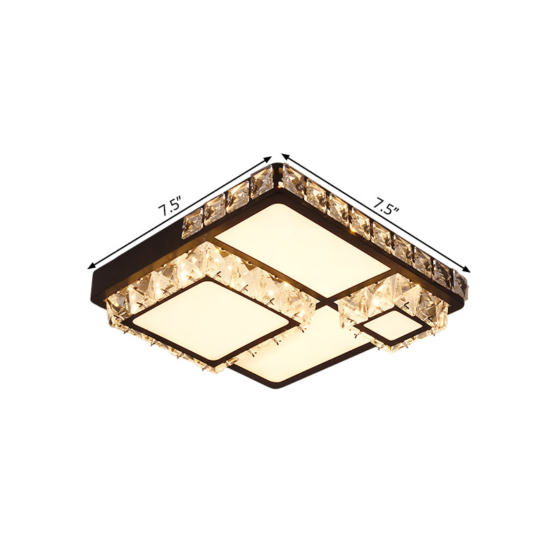 Simple LED Close to Ceiling Lamp Black Round/Square Flush Mount Light with Crystal Block Shade