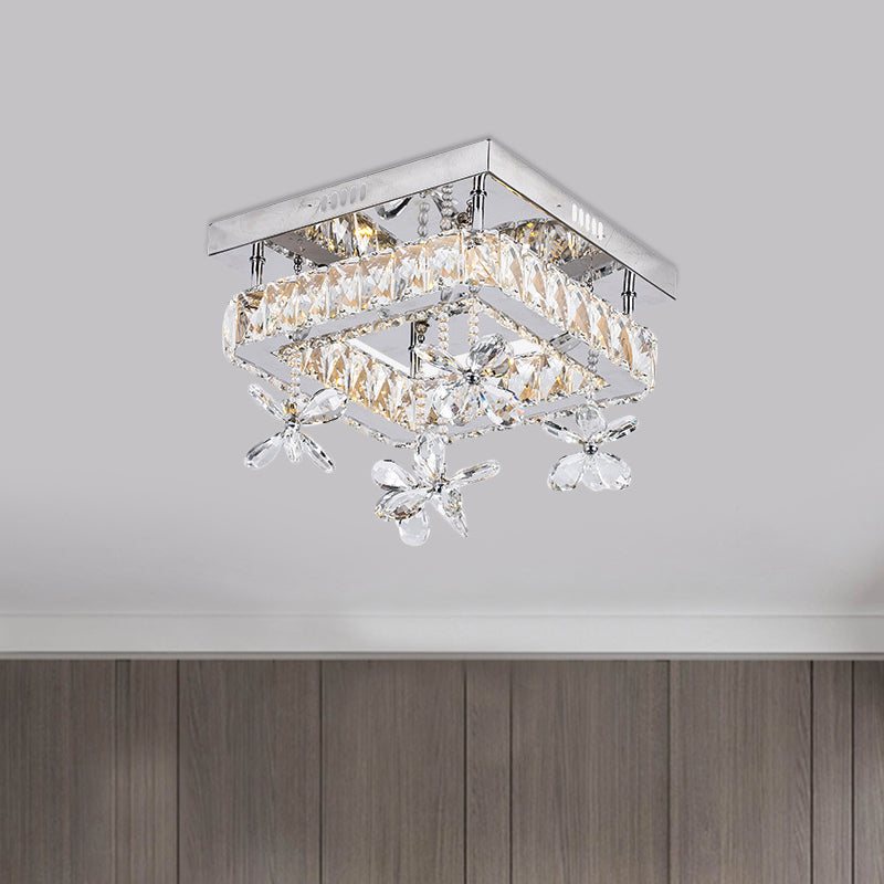 Square Beveled Crystal Semi Flush Mount Contemporary 8"/12" Wide LED Chrome Ceiling Fixture with Floret Design