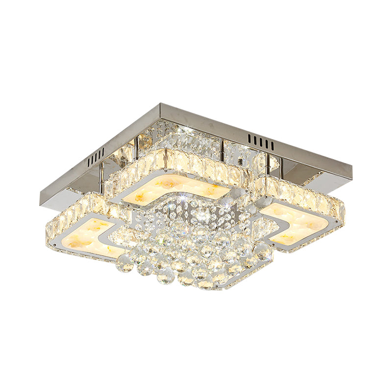 Crystal Block and Orbs Square Semi Flush Contemporary LED Chrome Ceiling Fixture with Lotus Design