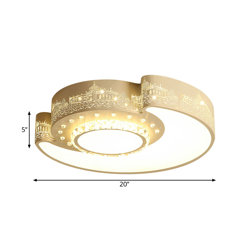 Minimalism LED Ceiling Lighting White Moon Flush Light Fixture with Beveled Crystal Shade