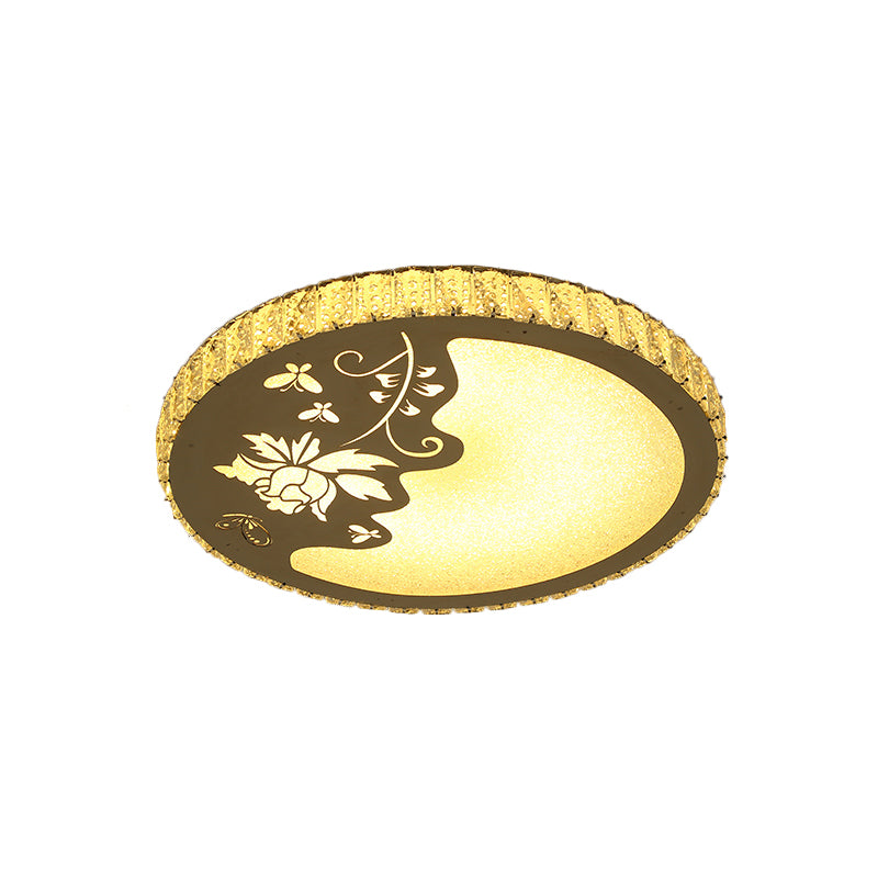 Hand-Cut Crystal Circular Ceiling Lamp Modernist LED Flush Mount Light with Butterfly and Flower Design in Chrome