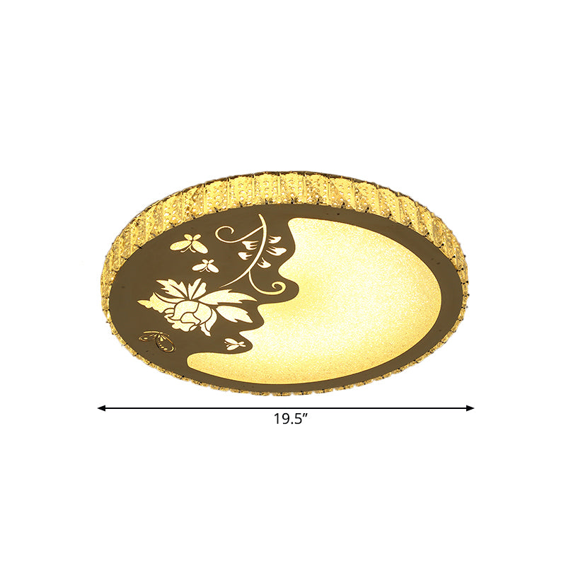 Hand-Cut Crystal Circular Ceiling Lamp Modernist LED Flush Mount Light with Butterfly and Flower Design in Chrome