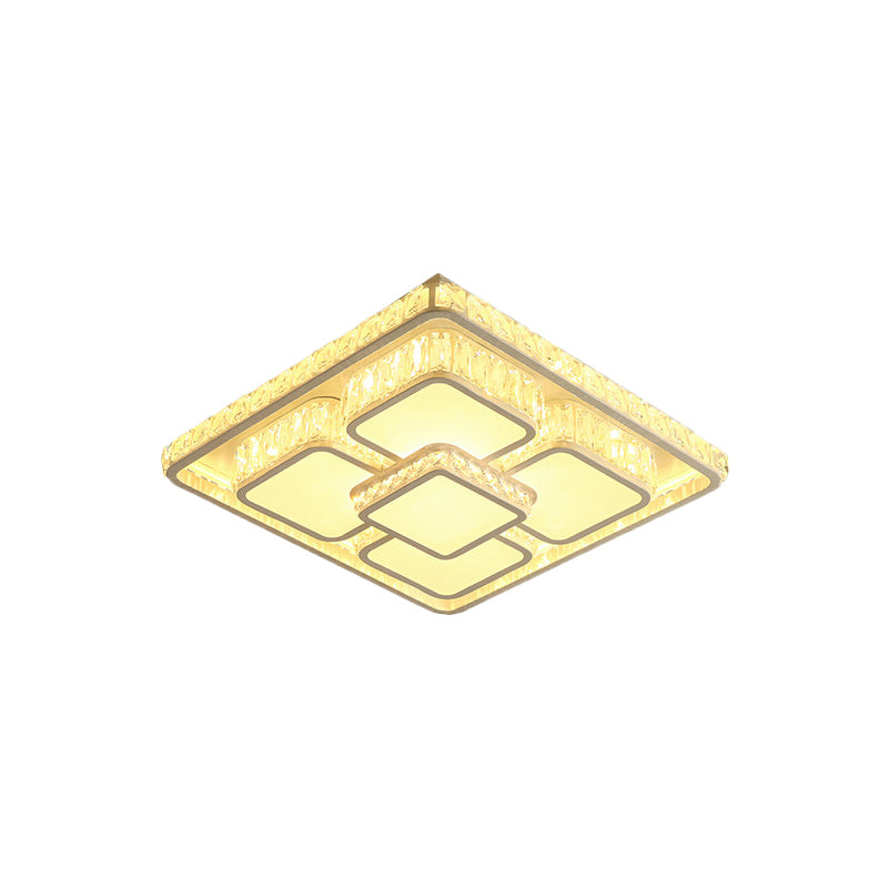 LED Parlor Flush Light Fixture Modern Chrome Ceiling Flush Mount with Square Crystal Shade