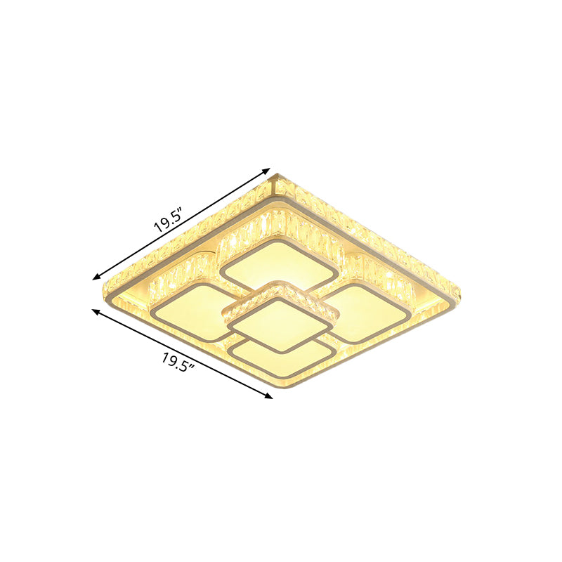 LED Parlor Flush Light Fixture Modern Chrome Ceiling Flush Mount with Square Crystal Shade