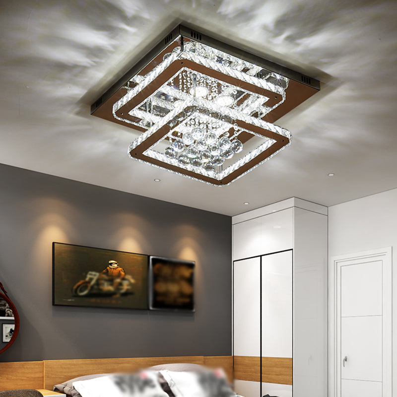 2-Tier Square Bedroom Ceiling Lamp Crystal Block LED Contemporary Semi Flush Light in Chrome