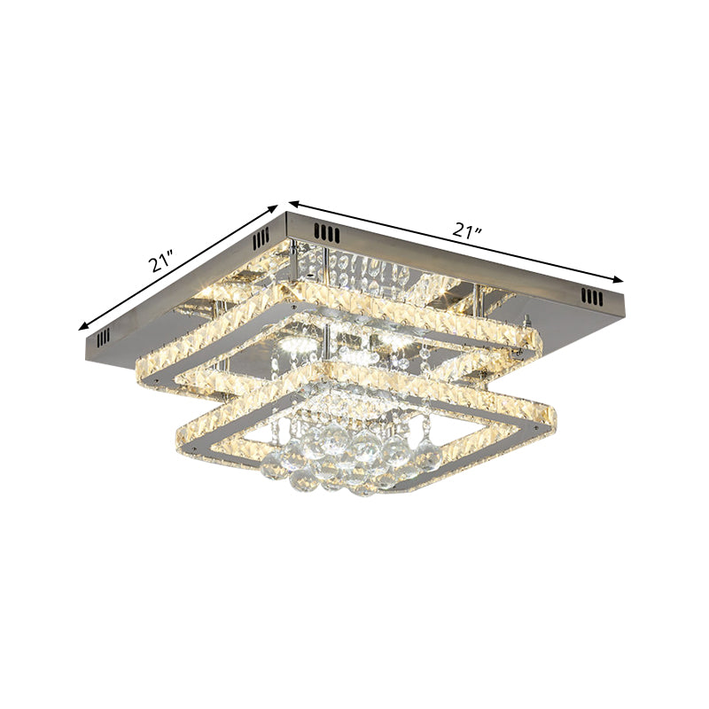 2-Tier Square Bedroom Ceiling Lamp Crystal Block LED Contemporary Semi Flush Light in Chrome