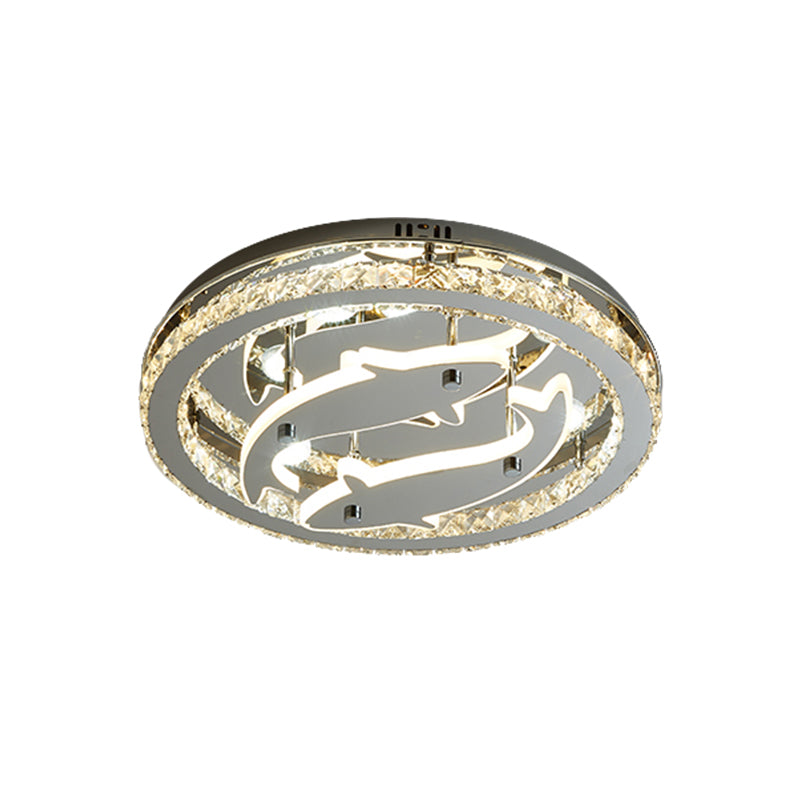 Contemporary Circle Flushmount Crystal Block Sleeping Room LED Ceiling Mounted Light with Fish Design in Chrome