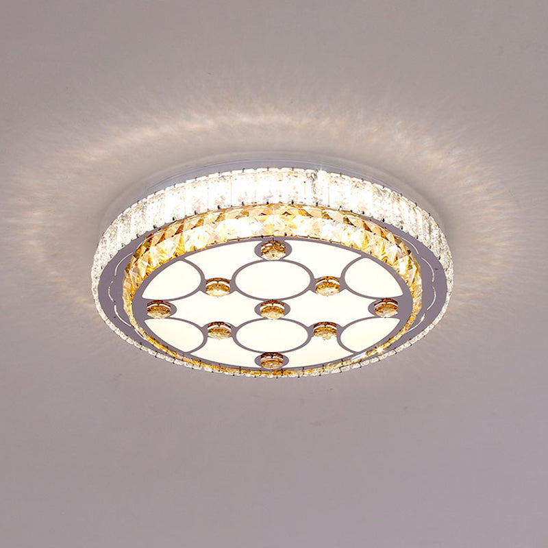 LED Bedroom Ceiling Mount Light Simple Chrome Flush Lamp with Circular Beveled Crystal Shade