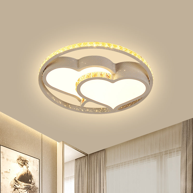 LED Parlor Ceiling Light Minimalist White Flush Mount Lighting with Loving Heart/Flower Crystal Block Shade