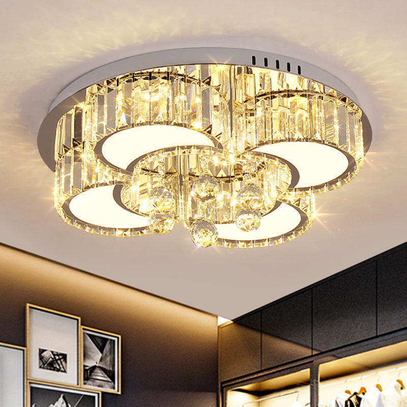 Chrome LED Floral Ceiling Fixture Modernism Faceted Crystal Flushmount Lighting, 18"/19.5" Width