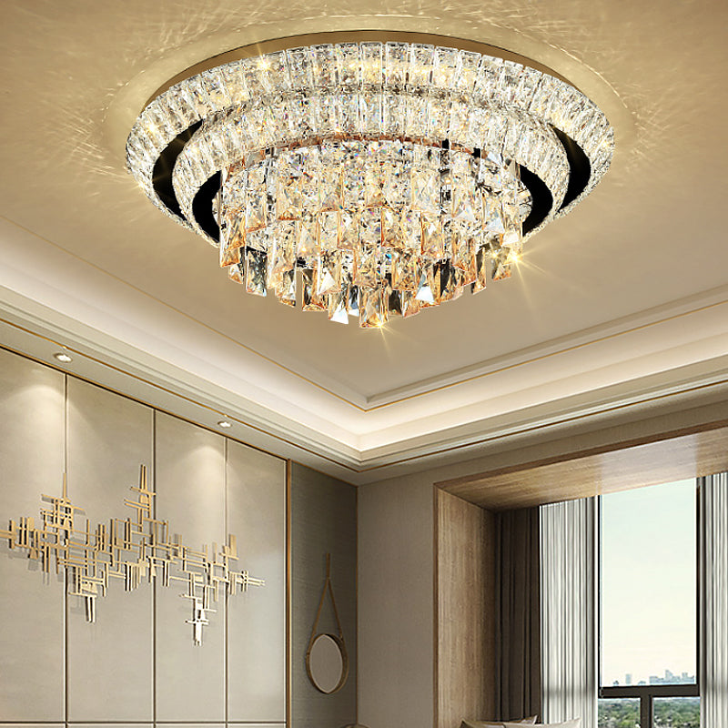 Tiered Round Crystal Block Flush Mount Contemporary LED Chrome Close to Ceiling Lighting