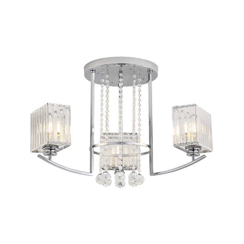Quader Great Room halb Flush Kristall klares Kristall 3 Lichter moderne Deckenlampe mit Strängen -Deco in Chrom