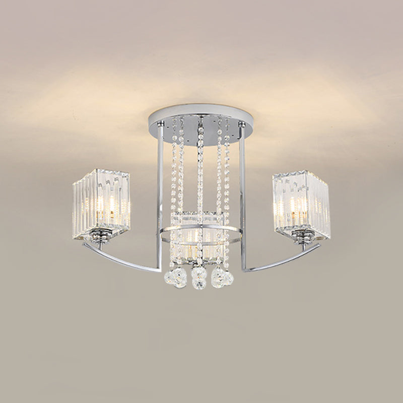 Quader Great Room halb Flush Kristall klares Kristall 3 Lichter moderne Deckenlampe mit Strängen -Deco in Chrom