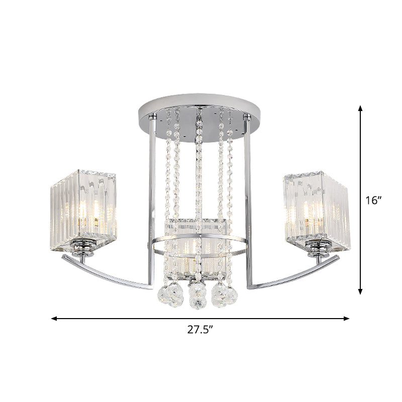 Quader Great Room halb Flush Kristall klares Kristall 3 Lichter moderne Deckenlampe mit Strängen -Deco in Chrom
