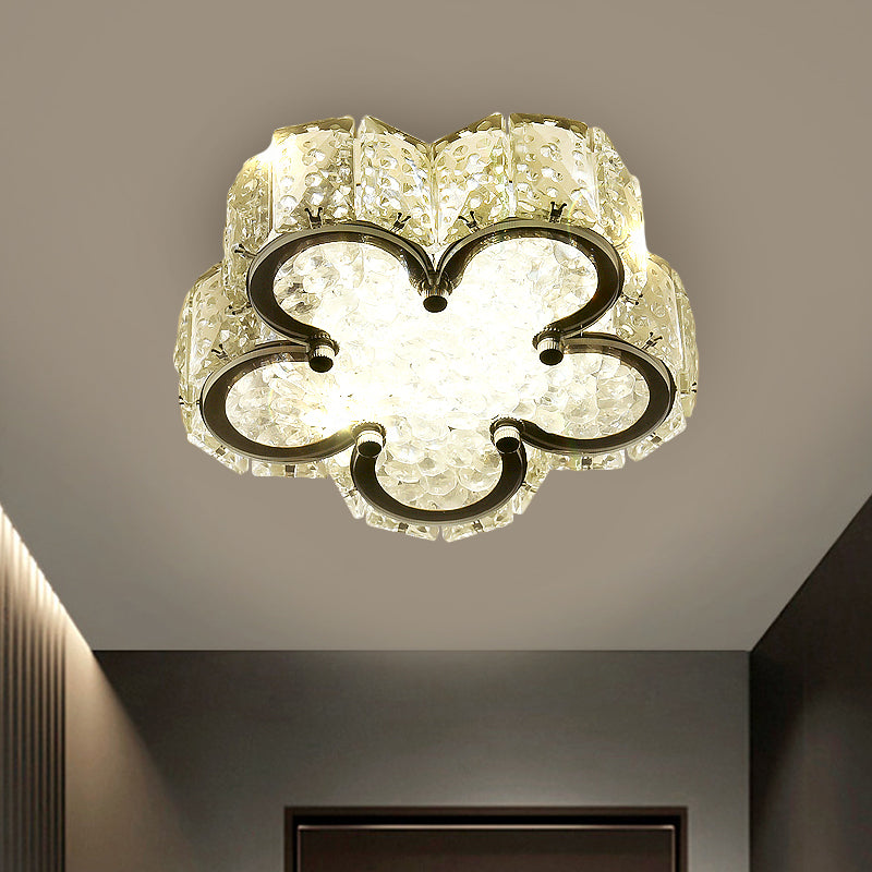 Minimalist LED Flush Lamp Stainless-Steel Round/Square/Flower Ceiling Fixture with Clear Crystal Shade in Warm/White Light