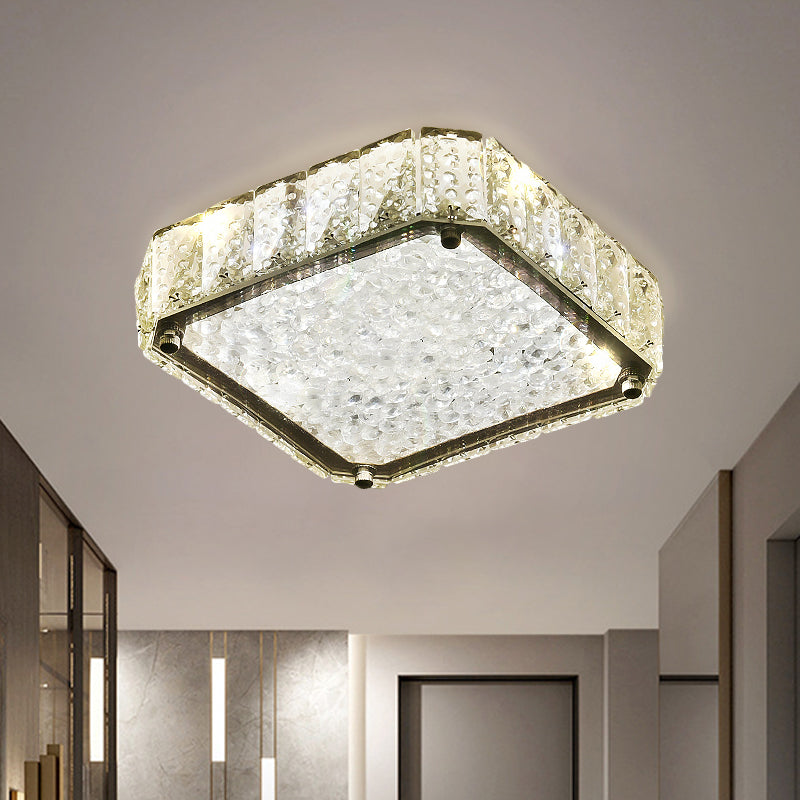 Minimalist LED Flush Lamp Stainless-Steel Round/Square/Flower Ceiling Fixture with Clear Crystal Shade in Warm/White Light
