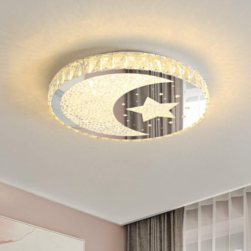 Stainless - Steel LED Round Flushmount Contemporary Cut Crystal Massimale Montato Light con Moon e Star Design