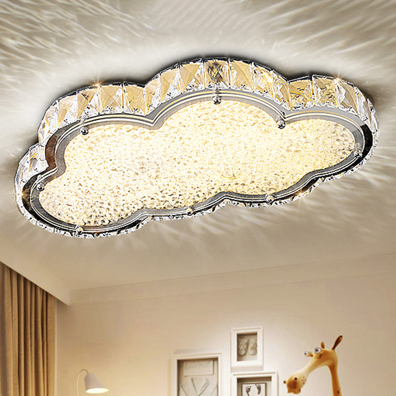 Crystal Block Cloud Ceiling Fixture Modernist 19.5"/25.5" W LED Flush Mount in Stainless-Steel, Warm/White Light