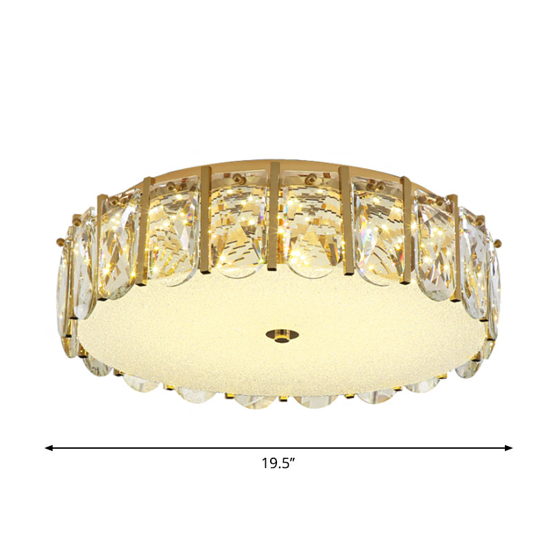 Drum Ceiling Mounted Light Modern Clear Crystal LED Bedroom Flush Lamp in Stainless-Steel