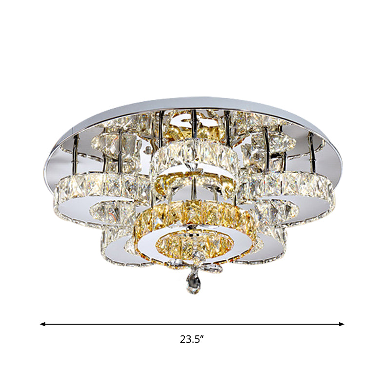 LED Bedroom Semi Mount Lighting Minimalism Chrome Ceiling Fixture with Floral Crystal Block Shade
