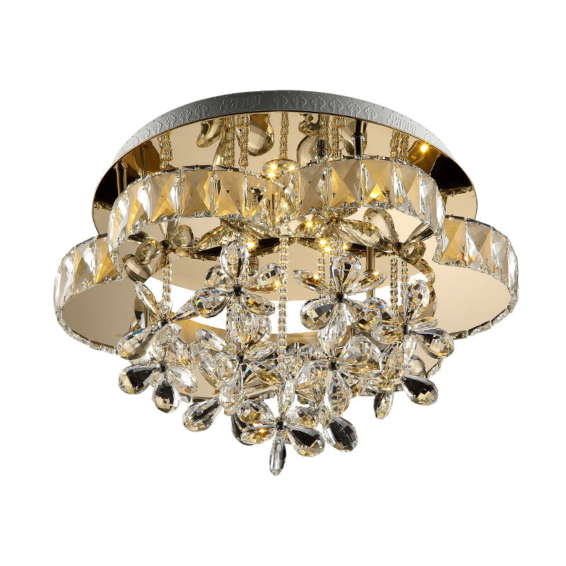 Modernist LED Semi Flush Lamp Chrome Blossom Ceiling Mounted Light with Hand-Cut Crystal Shade
