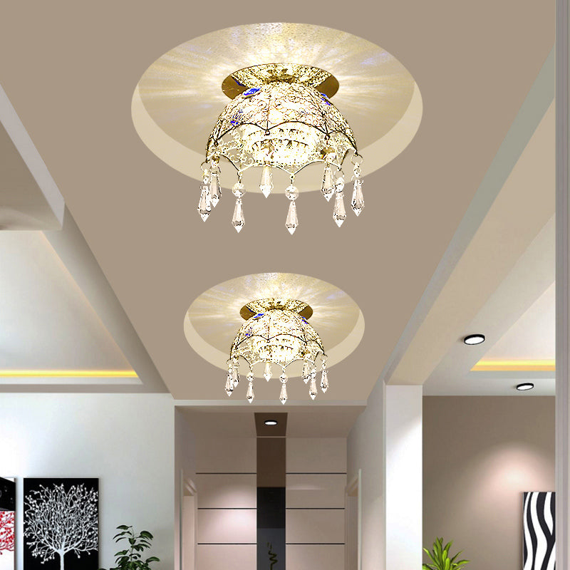 Minimal LED Ceiling Lamp Chrome Scalloped Dome Flush Mount Light with Crystal Shade in Warm/White Light