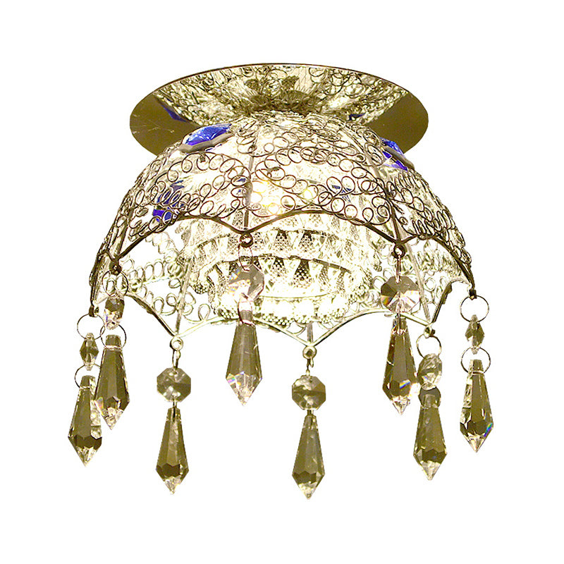 Minimal LED Ceiling Lamp Chrome Scalloped Dome Flush Mount Light with Crystal Shade in Warm/White Light