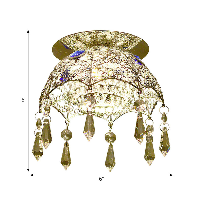 Minimal LED Ceiling Lamp Chrome Scalloped Dome Flush Mount Light with Crystal Shade in Warm/White Light