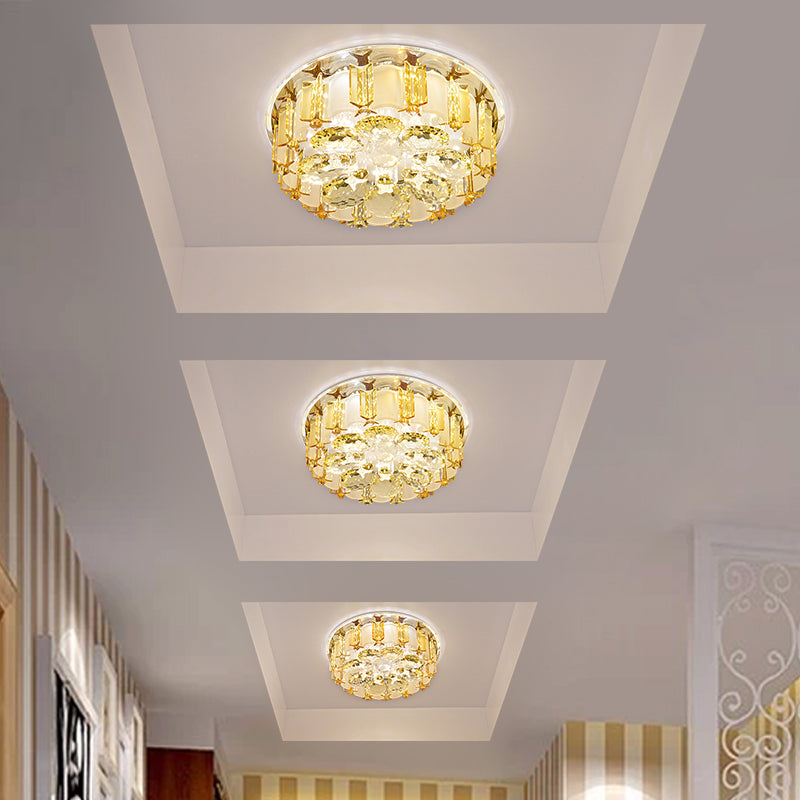 Crystal Block Floral Semi Mount Lighting Modernist LED Ceiling Light Fixture in Chrome, Warm/White Light